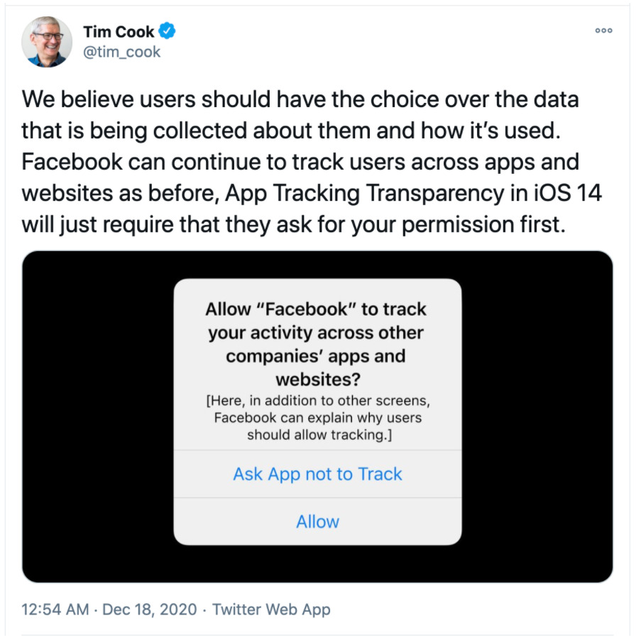 tim cooks tweet about iOS14 and Facebook advertising