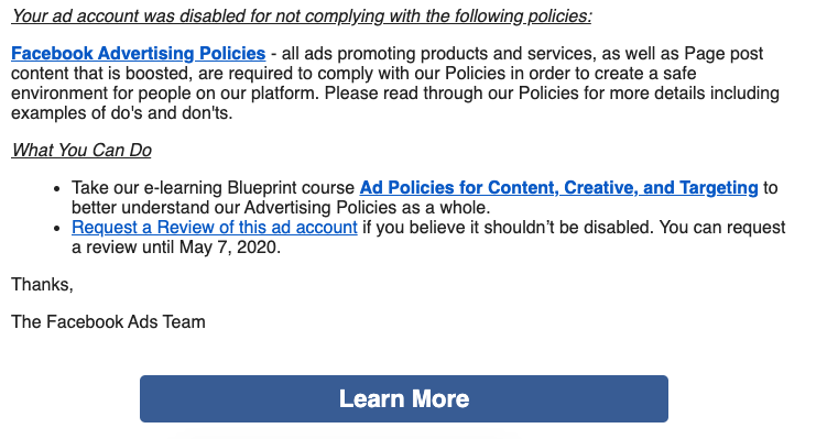 facebook ad account deactivated